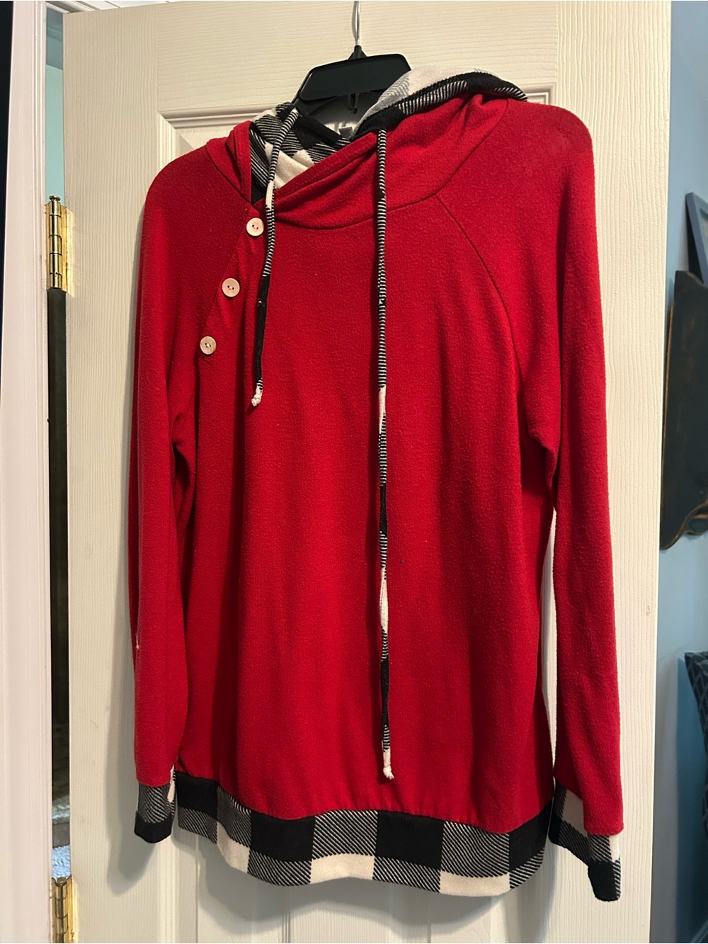 white birch Red Hooded Button-Accent Sweater with Plaid Trim